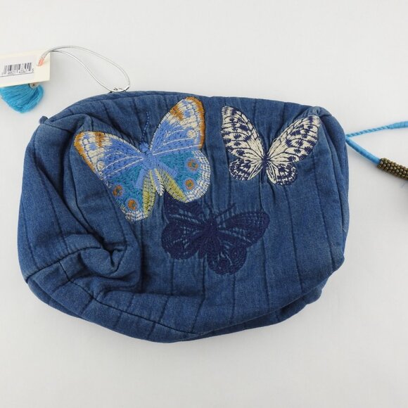 New Johnny Was Paradisio Quilted Denim Makeup Bag with Butterflies & Tassles - Picture 9 of 13